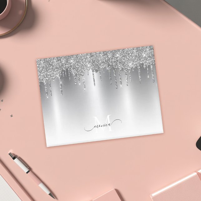 Chic Silver Grey Dripping Glitter Monogram Name Post-it Notes (Chic Silver Gray Dripping Glitter Monogram Name Post-it Notes)