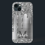 Chic Silver Grey Glitter Drips Monogram Pink Metal iPhone 13 Case<br><div class="desc">Elegant, modern, girly silver grey glitter drips silver metal custom personalised name and monogrammed iphone case. This design features silver glitter sparkle drips on grey brushed metal background with custom personalised monogram initial and first name text template. Perfect feminine gift for girl and women who loves pretty trendy glam things....</div>