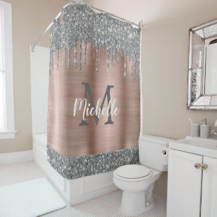 Chic Silver Grey Glitter Drips Pink Metal Monogram Shower Curtain