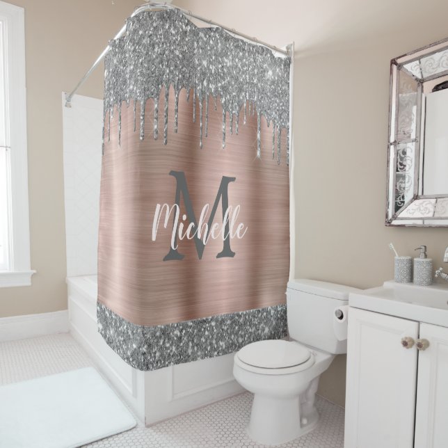 Chic Silver Grey Glitter Drips Pink Metal Monogram Shower Curtain (In Situ)