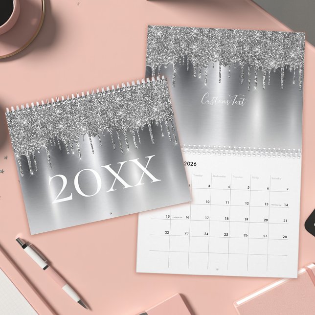 Chic Silver Grey Glitter Ombre Monogram Calendar (Personalized Silver Glitter Drip Ombre Monogram Calendar)