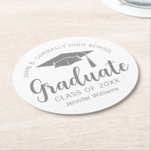 Chic Silver Grey Graduate Custom Graduation Party Round Paper Coaster