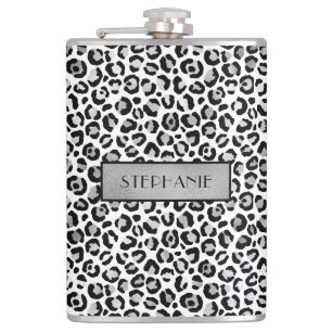 Chic Silver Leopard Print Personalised Hip Flask