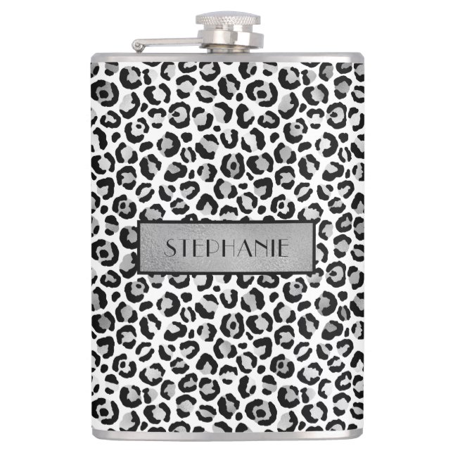 Chic Silver Leopard Print Personalised Hip Flask (Front)