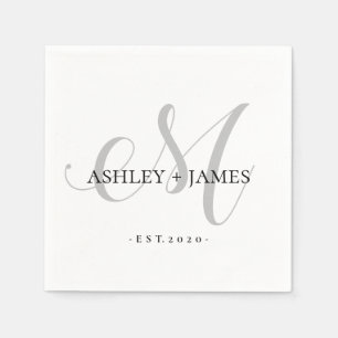  Chic Silver M Monogram Script Name Wedding Date Napkin