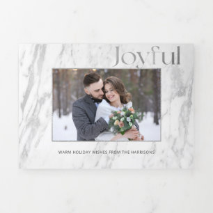 Chic Silver Marble Joyful Typography Photo Tri-Fold Holiday Card