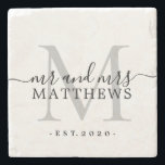 Chic Silver Monogram Script Name Wedding Date Stone Coaster<br><div class="desc">Chic, modern black monogrammed stone coaster with the text mr and mrs and your married name and year established in black elegant hand lettered script calligraphy with a silver grey monogram. Simply add your name, monogram and year established beneath. Stylish design and perfect luxury gift for the newlywed couple. If...</div>