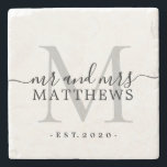 Chic Silver Monogram Script Name Wedding Date Stone Coaster<br><div class="desc">Chic, modern black monogrammed stone coaster with the text mr and mrs and your married name and year established in black elegant hand lettered script calligraphy with a silver grey monogram. Simply add your name, monogram and year established beneath. Stylish design and perfect luxury gift for the newlywed couple. If...</div>