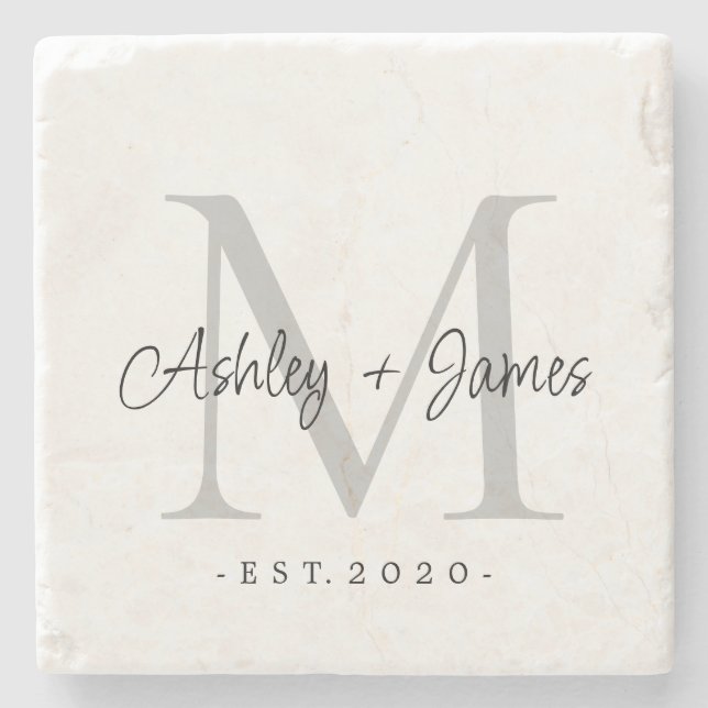 Chic Silver Monogram Script Names Wedding Date Stone Coaster (Front)
