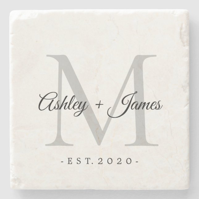 Chic Silver Monogram Script Names Wedding Date Stone Coaster (Front)