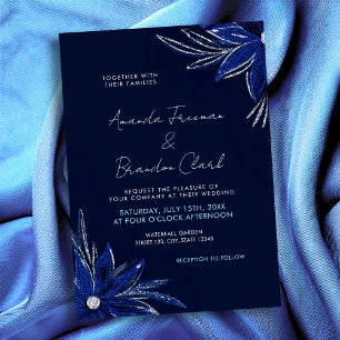 Chic Silver & Navy Blue Floral Wedding Invitation