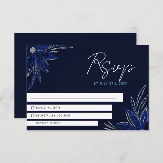 Chic Silver & Navy Blue Floral Wedding RSVP Card (Front/Back)
