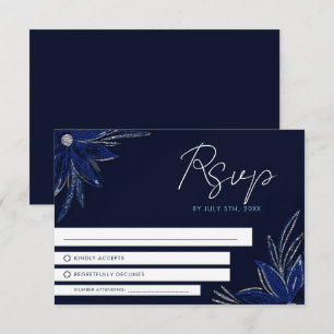 Chic Silver & Navy Blue Floral Wedding RSVP Card