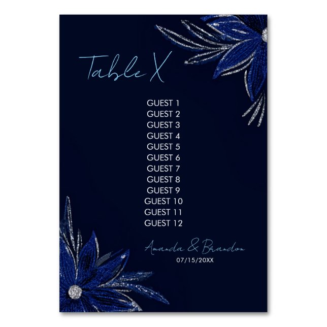 Chic Silver & Navy Blue Floral Wedding Table Number (Front)
