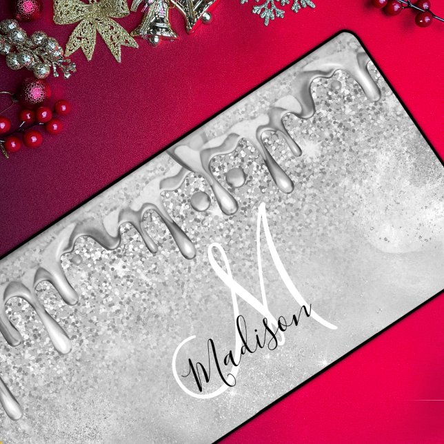 Chic silver ombre glitter drips monogram desk mat (Creator Uploaded)