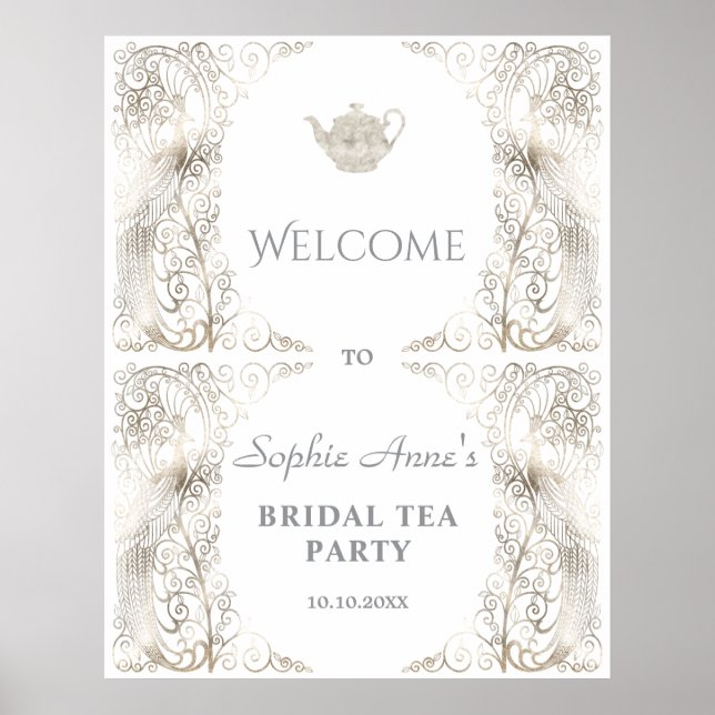 Chic Silver Peacock Bridal Tea Party Welcome Sign (Front)