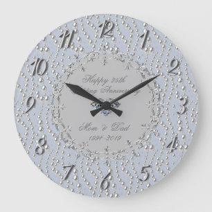 Chic Silver Pearls 25th Wedding Anniversary Large Clock