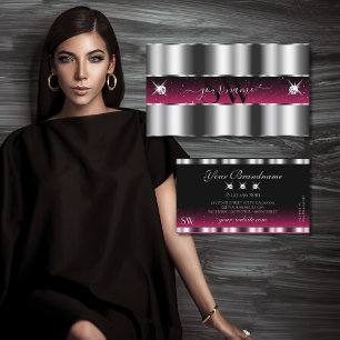 Chic Silver Pink Black Sparkling Diamonds Initials Business Card