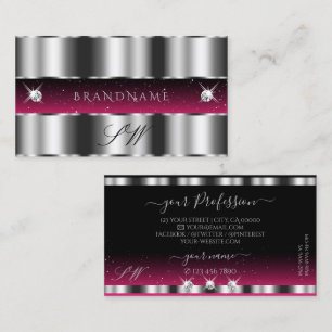 Chic Silver Pink Black Sparkling Diamonds Monogram Business Card