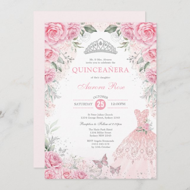 Chic Silver Pink Floral Quinceañera Princess Dress Invitation (Front/Back)