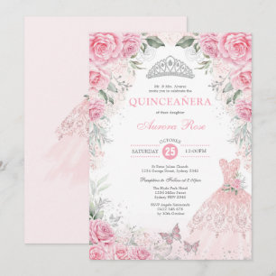 Chic Silver Pink Floral Quinceañera Princess Dress Invitation