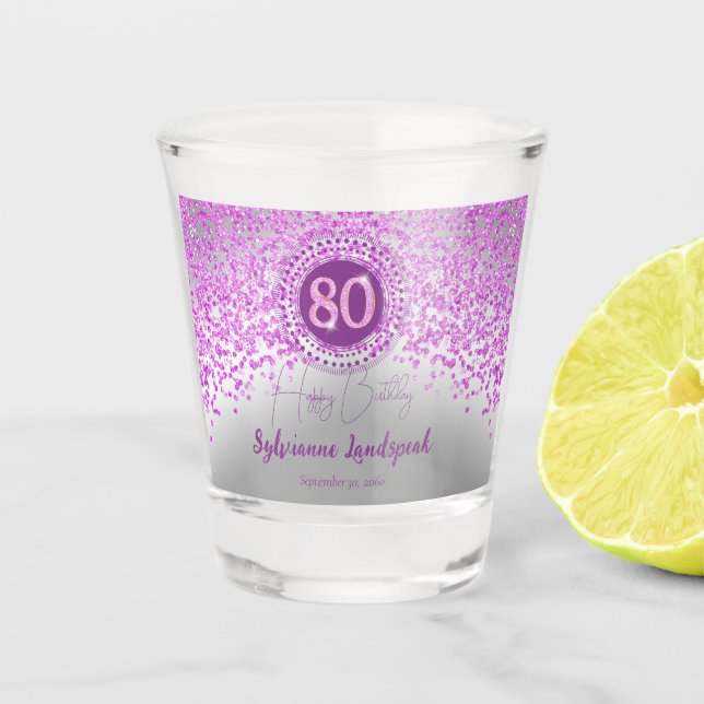 Chic Silver & Pink Glitter 80th Birthday Gift Shot Glass (Front)