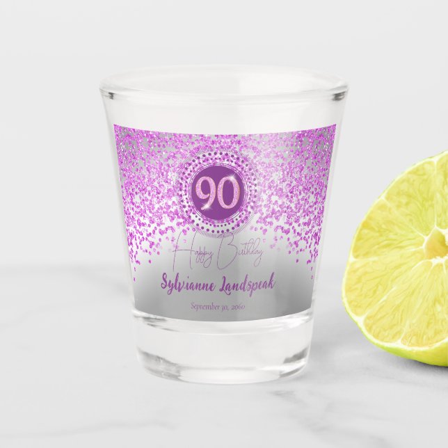 Chic Silver & Pink Glitter 90th Birthday Gift Shot Glass (Front)