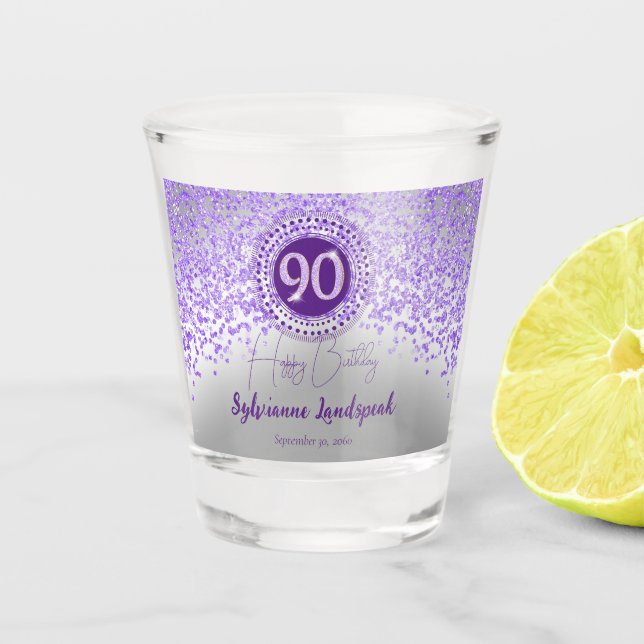 Chic Silver & Purple Glitter 90th Birthday Gift Shot Glass (Front)