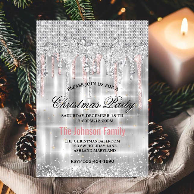 Chic silver rose gold dripping glitter Christmas Invitation (Creator Uploaded)