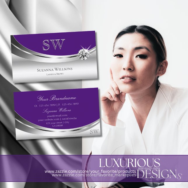 Chic Silver Royal Purple with Monogram and Diamond Business Card (Creator Uploaded)