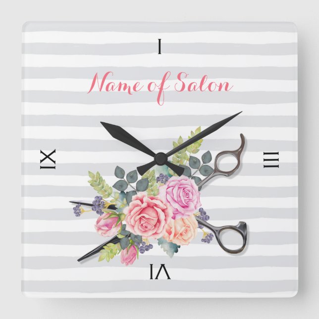 Chic Silver Scissors Hair Salon Stripes and Roses Square Wall Clock (Front)