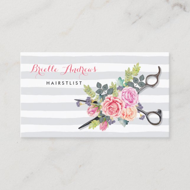 Chic Silver Scissors Hairstylist Stripes and Roses Business Card (Front)
