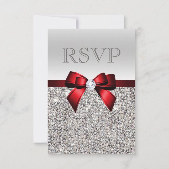Chic Silver Sequins Diamond Red Bow Wedding RSVP Card (Front)