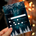 Chic silver snow pine green Christmas winter rsvp<br><div class="desc">Time to celebrate your winter wonderland wedding theme with this luxury chic silver glitter snowflakes sparkles and grey silver glitter pine tree forest on an elegant festive emerald green watercolor background,  featuring a modern cool script font typography. Perfect rsvp card for your winter wonderland wedding.</div>