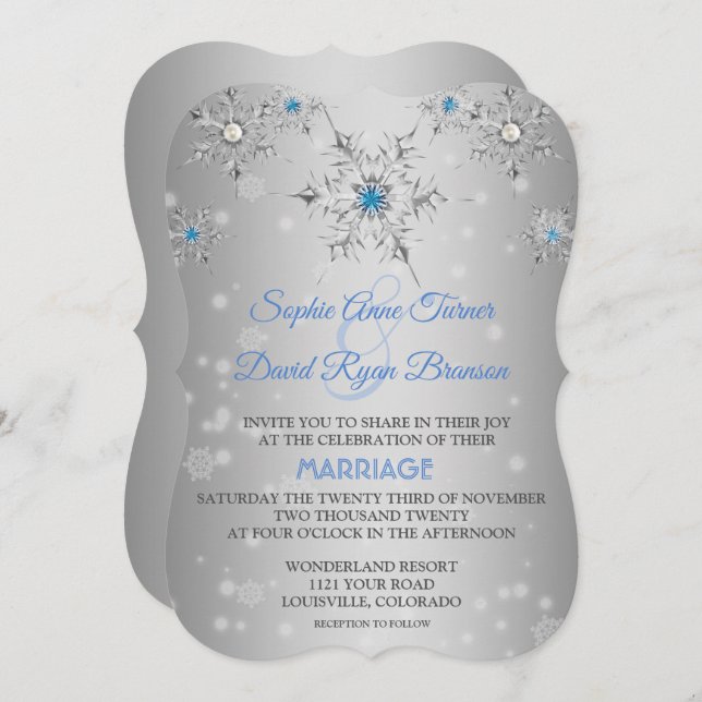 Chic Silver Snowflakes Crystal Blue Pearls Wedding Invitation (Front/Back)