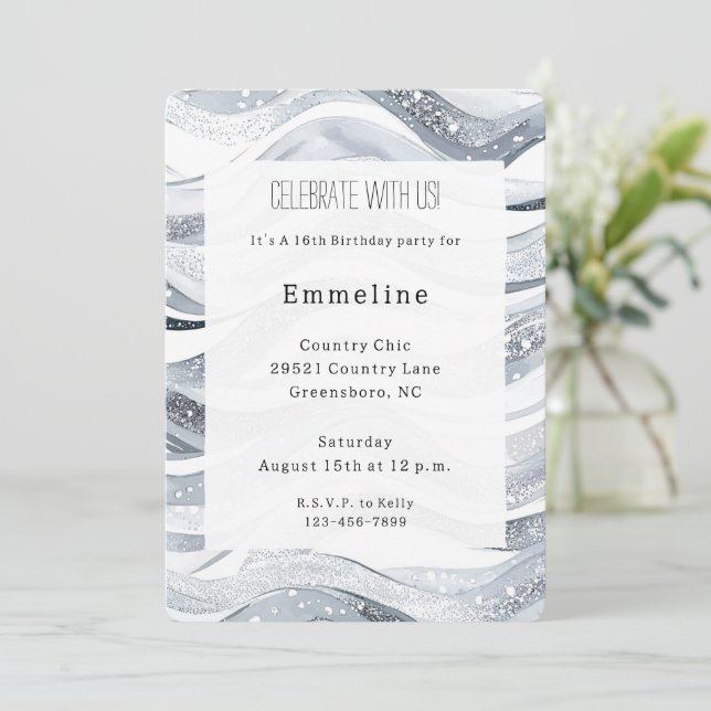Chic Silver Sparkle Waves Birthday Invitation (Standing Front)