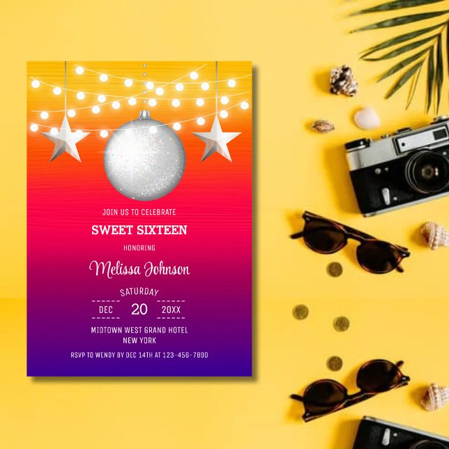 Chic Silver Star String Light Gradient Birthday Invitation (Creator Uploaded)