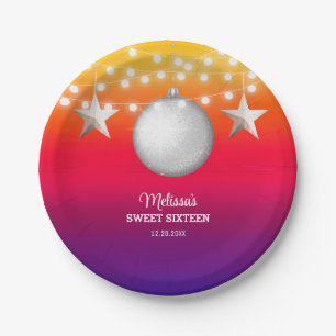 Chic Silver Star String Light Gradient Birthday Paper Plate