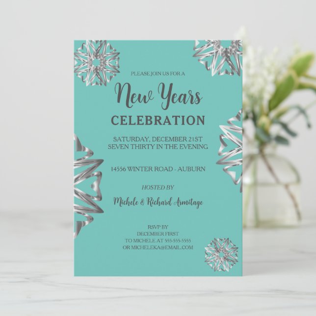 Chic Silver Stars New Years Invitation (Standing Front)