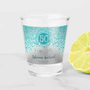 Chic Silver & Teal Blue Glitter 50th Birthday Gift Shot Glass