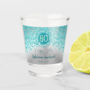 Chic Silver & Teal Blue Glitter 80th Birthday Gift Shot Glass
