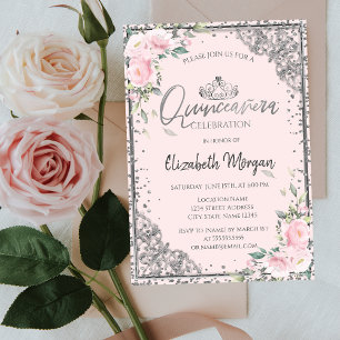 Chic Silver Tiara,Diamond Pink Flowers Quinceañera Invitation