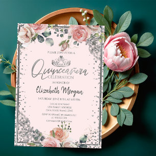 Chic Silver Tiara,Diamond Pink Roses Quinceañera Invitation