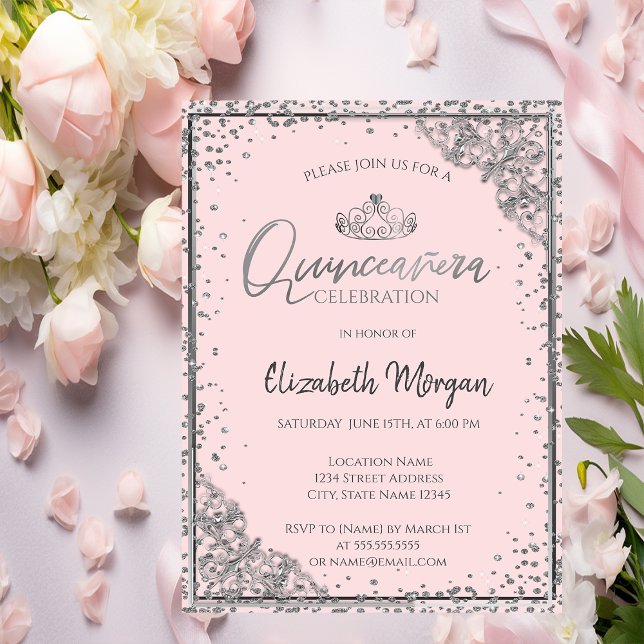 Chic Silver Tiara,Diamonds Blush Pink Quinceañera Invitation (Creator Uploaded)