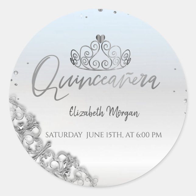 Chic Silver Tiara,Diamonds Quinceañera  Classic Round Sticker (Front)