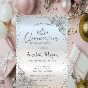 Chic Silver Tiara,Diamonds Quinceañera Invitation