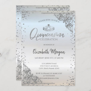 Chic Silver Tiara,Diamonds Quinceañera  Invitation