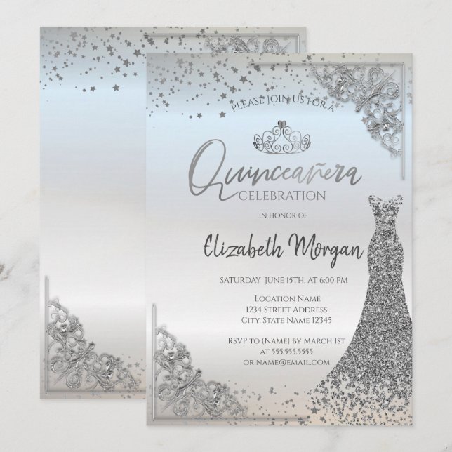 Chic Silver Tiara Dress Stars Quinceañera  Invitation (Front/Back)