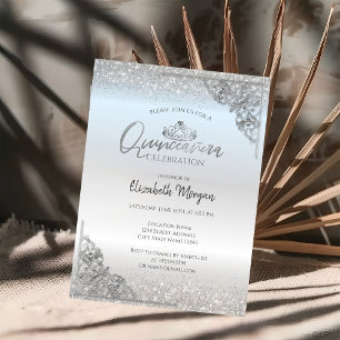 Chic Silver Tiara,Silver Dust Frame Quinceañera  Invitation