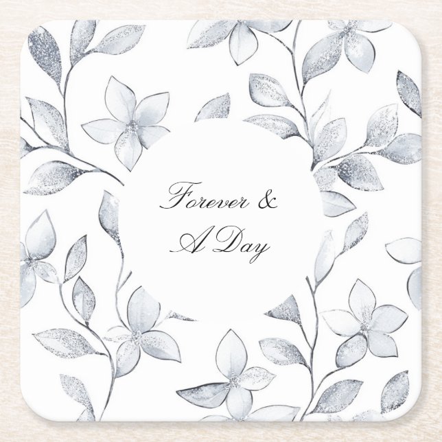 Chic Silver White Floral Wedding Square Paper Coaster (Front)